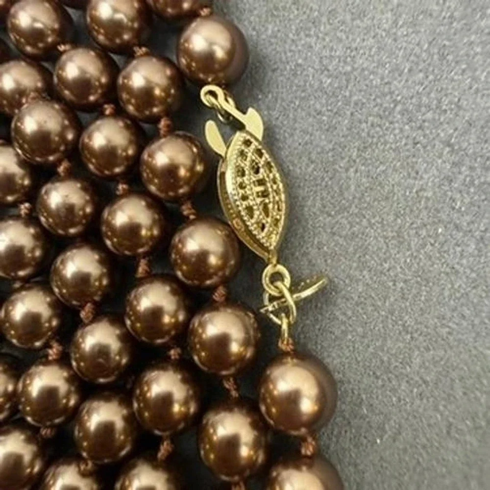 RMN Chocolate Brown Faux Pearl Necklace Glass Bead Knotted Filigree Clasp Vtg